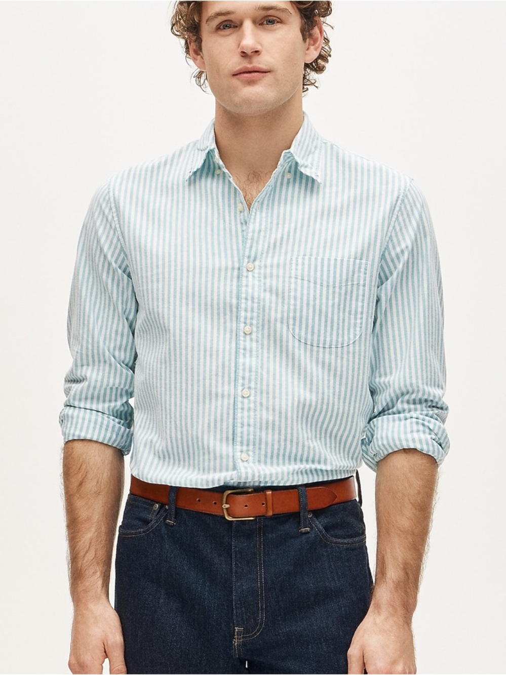 J.Crew Broken-In Oxford Shirt Slim Fit Blue Stripe Organic Cotton Men’s L
